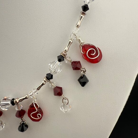 Sterling Silver Necklace With Red Black & Clear Crystal Dangle Beads Wire Wrappe - Picture 2 of 9